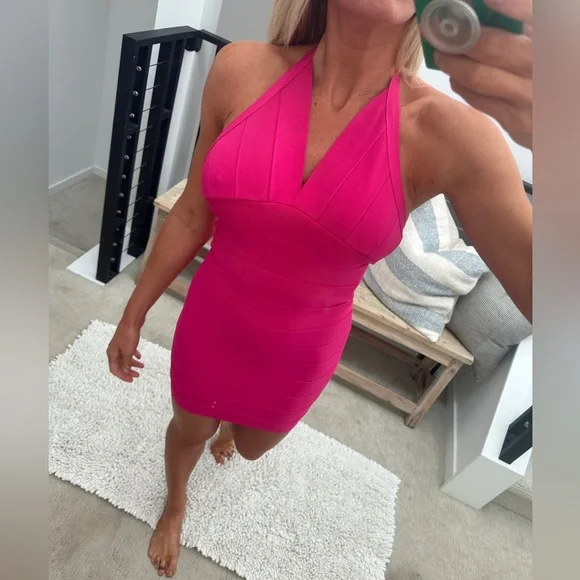 Hervé Léger Hot Pink Bandage Halter Mini Dress | Size M - Picture 4 of 12